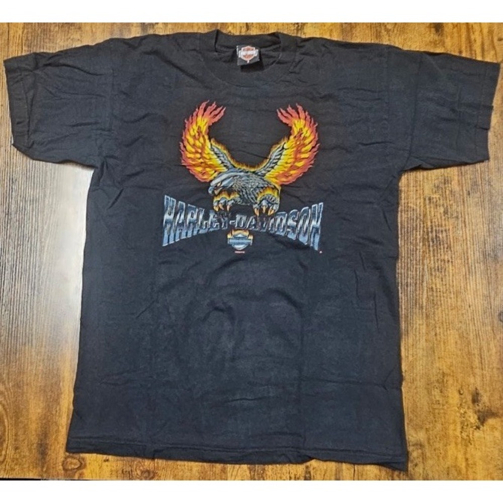 VTG Y2K Harley Davidson Men's Large HD‎ Flames Eagle Short Sleeve T Shirt Black